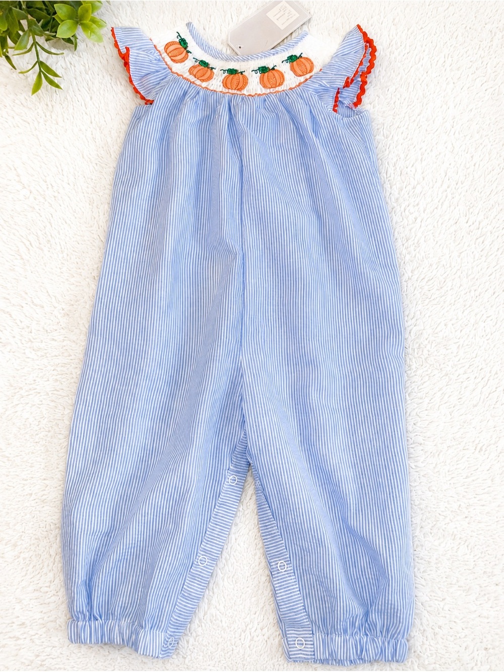 NWT Lil Cactus Blue Seersucker Pumpkin Smocked Flutter-Sleeve Romper 18-24M